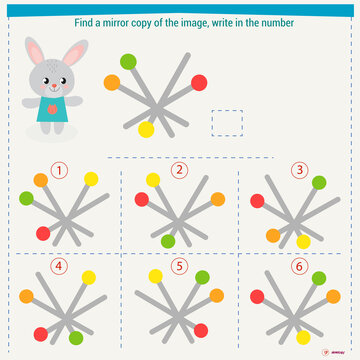  Logic puzzle game for children. Select and write down the number of the correct mirror image of the figure. Development of spatial thinking