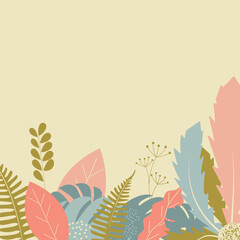 Background with plants and leaves. Vector simple illustration in flat style with copy space for text.