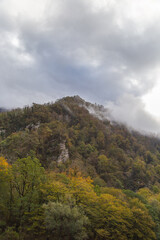Beautiful panorama of the Caucasus mountains on a sunny autumn day