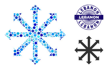 Round dot mosaic expand arrows icon and LEBANON round rubber stamp seal. Violet stamp seal includes LEBANON title inside circle and guilloche pattern. Vector mosaic is based on expand arrows icon,