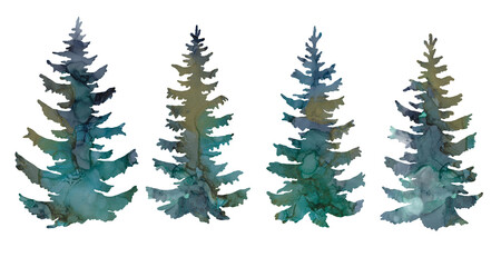Spruce trees silhouettes alcohol ink illustration isolated. Watercolor botanical drawing