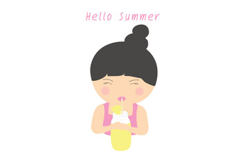Hello summer concept, cute girl drinking juice in summer vector illustration