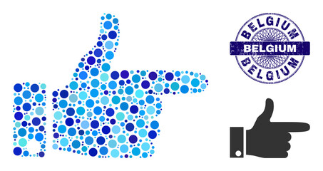 Round dot collage hand pointer right icon and BELGIUM round scratched stamp. Blue stamp includes BELGIUM text inside circle and guilloche ornament.