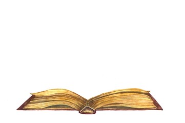 watercolor illustration of an old open book with a big empty space for your text