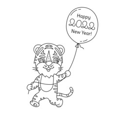 Tiger character with balloon line sketch. Cartoon Chinese New year 2022 horoscope. Animal symbol outline vector illustration