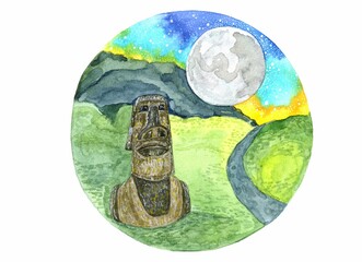 watercolor illustration of Stone Moai statues idols on Easter Island against the background of fields, mountains, dawn, big moon and starry sky. Postcard of tourist attractions in Chile