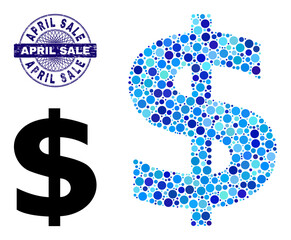 Circle collage dollar symbol icon and APRIL SALE round grunge stamp imitation. Blue stamp includes APRIL SALE title inside circle and guilloche technique. Vector mosaic is based on dollar symbol icon,