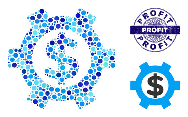 Round dot collage financial settings icon and PROFIT round dirty seal. Blue seal includes PROFIT caption inside circle and guilloche pattern. Vector collage is based on financial settings symbol,