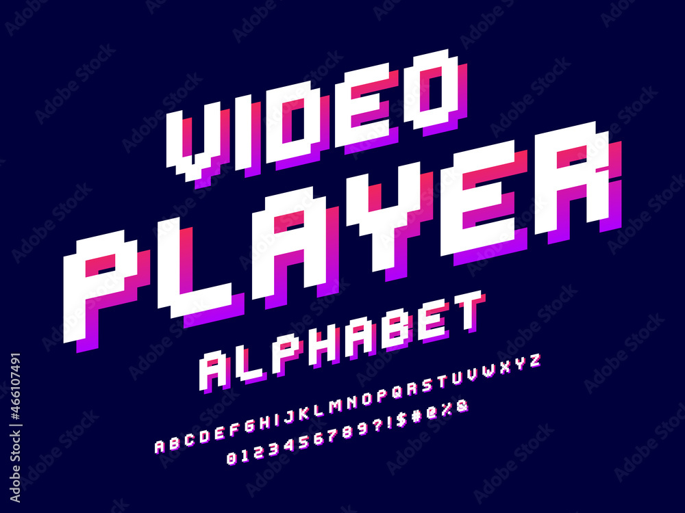 Poster pixel style font design with uppercase, numbers and symbol