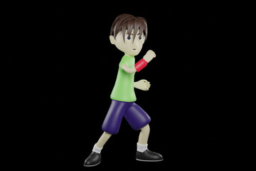 3D Illustration of kid character in fighting pose. Fighting pose 3D render concept