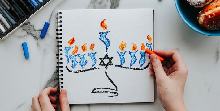 Celebration card with menorah (traditional candelabra) and candles for Happy Hanukkah jewish holiday drawing by child. Banner.	