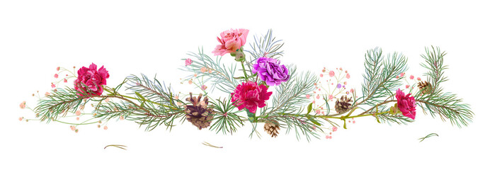 Horizontal border with pine branches, cones, Carnation. Needles on white background, hand digital draw, watercolor style, decorative botanical illustration for design, Christmas tree, vector