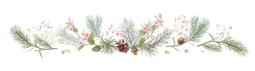 Horizontal border with pine branches, cones, spring blossom. Needles on white background, hand digital draw, watercolor style, decorative botanical illustration for design, Christmas tree, vector