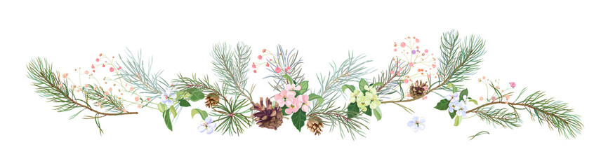 Fototapeta premium Panoramic view with pine branches, cones, spring blossom. Needles on white background. Digital realistic decorative botanical illustration for design in watercolor style. Christmas tree. vector