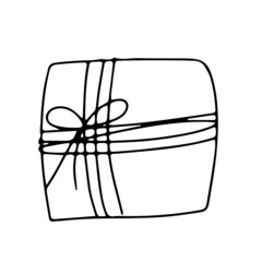 Gift with bow decoration in doodle style. Simple decor for a festive Christmas and New Years. Vector illustration isolated on white background.