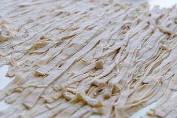 Close-up of homemade fresh uncooked Italian pasta