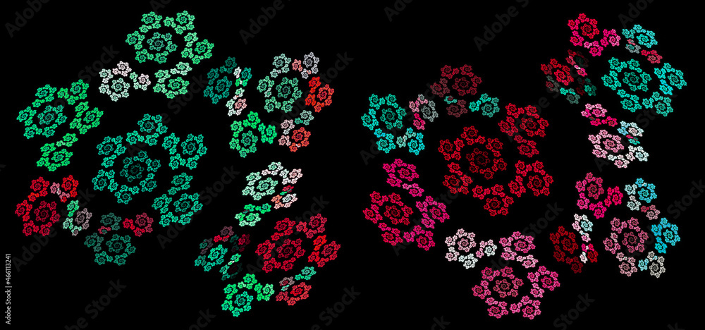 Poster colorful green and red spirals are arranged in a spiral and create an ornament against a black backg