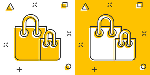 Shopping bag icon in comic style. Handbag cartoon sign vector illustration on white isolated background. Package splash effect business concept.