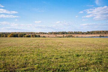 Fototapeta na wymiar Harvested agricultural field with stripes and colorful trees and a lake on the horizon against the blue sky with white clouds. Autumn landscape in a rural area.