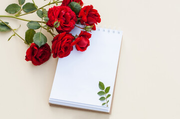 An open notebook on a spring with white sheets on a beige background next to a bouquet of red roses on green stems with a place for text