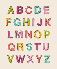 Colorful hand drawn uppercase alphabet vector design.