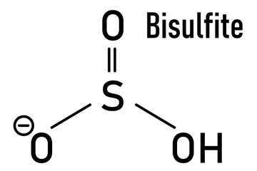 Skeletal formula of Bisulfite anion, chemical structure. Common salts include sodium bisulfite (E222) and potassium bisulfite (E228), used as food preservatives.