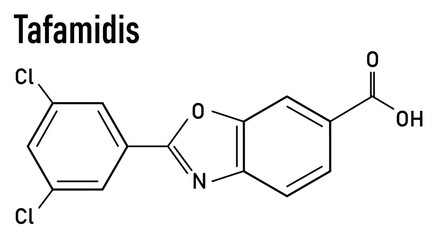 Skeletal formula of Tafamidis familial amyloid polyneuropathy (FAP) drug molecule.