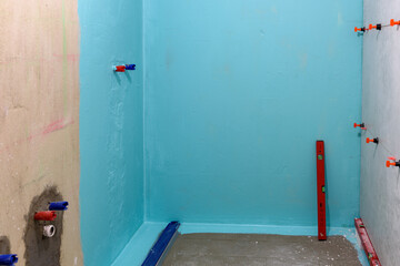 Wall waterproofing in a shower cabin. A bathroom in renovation - obrazy, fototapety, plakaty