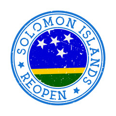 Solomon Islands Reopening Stamp. Round badge of country with flag of Solomon Islands. Reopening after lock-down sign. Vector illustration.