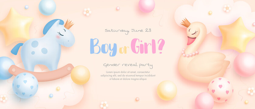 Boy or Girl. Cartoon gender reveal invitation template. Horizontal banner with realistic swan, horse, helium balloons and flowers. Vector illustration