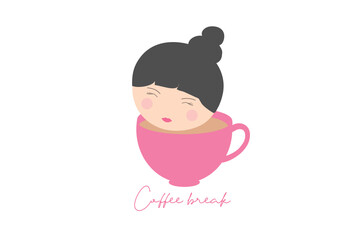 Coffee please concept, cute girl and cup of coffee vector illustration
