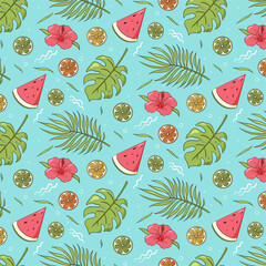 Summer Vibes Seamless pattern. Repeated ornament of tropical leaves, watermelon and citrus fruits. Hand drawn illustration for background, wrapping paper, wallpaper, bikini print, textile