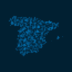 Spain dotted glowing map. Shape of the country with blue bright bulbs. Vector illustration.
