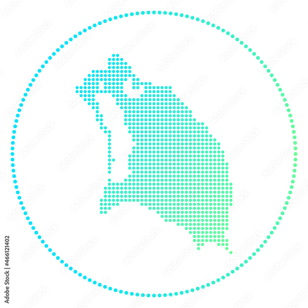 Poster barbuda digital badge. dotted style map of barbuda in circle. tech icon of the island with gradiente
