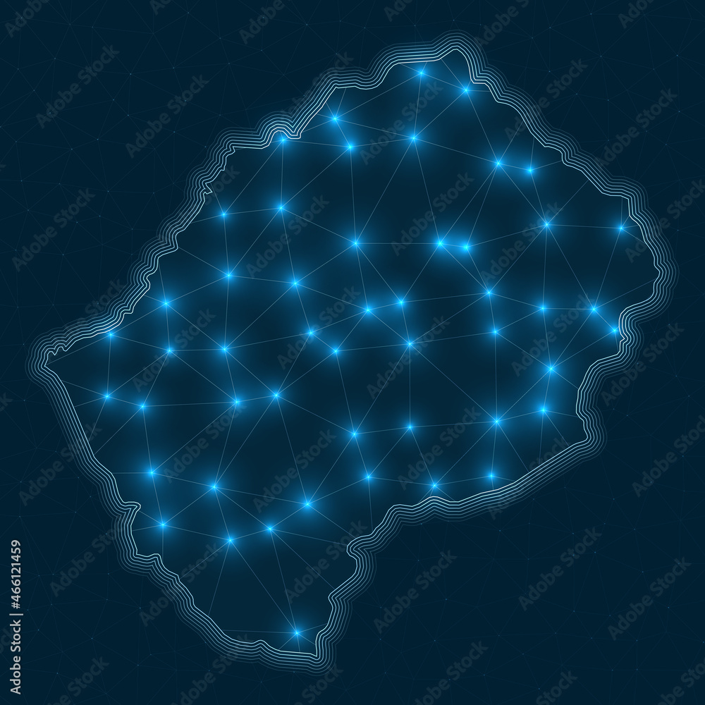 Poster lesotho network map. abstract geometric map of the country. digital connections and telecommunicatio