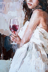 A young girl wrapped in a sheet drinks red wine in a glass. Oil painting on canvas.