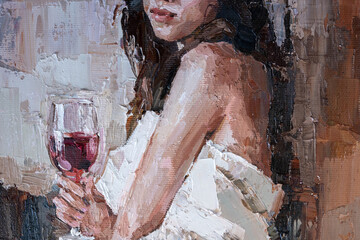 A young girl wrapped in a sheet drinks red wine in a glass. Oil painting on canvas.
