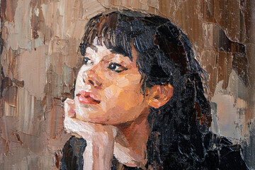 .Pensive girl in a cafe reads a book and drinks coffee. Woman drinking tea reading a magazine. Oil painting on canvas. Contemporary art.