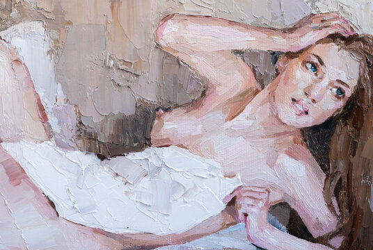Young nude girl wrapped in a white sheet. oil painting on canvas.