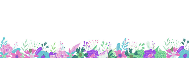 Obraz na płótnie Canvas Wild and garden blooming flowers in vases. Bundle of bouquet. Decorative floral design elements. Flat cartoon vector illustration.