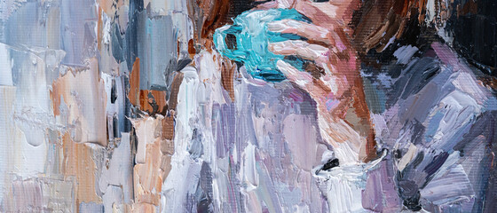 A girl with glasses in a cafe reads a book and drinks coffee. Woman drinking tea reading a magazine. Oil painting on canvas. Contemporary art.