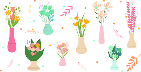 Set of wild and garden blooming flowers in vases background. Bundle of bouquets. Set of decorative floral design elements. Flat cartoon vector illustration.