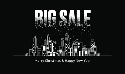 Big Sale banner template, Gift boxes, Cityscape, Vector on black background, Black Friday, Box with ribbons, package, frames, borders, showcase