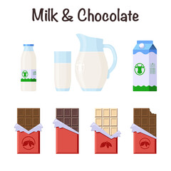Milk and Chocolate Bars Icons Set. Flat Style. Collection of Candies in Opened Wrapper and Foil and Dairy products in different packages