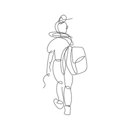 A Single girl with a backpack is walking. Alone woman in a jorney. Traveler, backpacker. Vector single line drawing. Black and white illustration. Vagabond