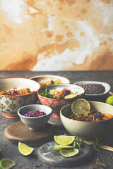 Delicious traditional asian curry in bowls.