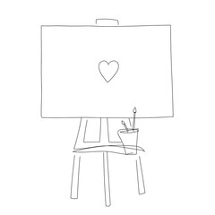 An ease with canvas and paint brushes. Vector black and white single line illustration. Line drawing of a canvas with a heart and easel. Trendy minimalistic line art illustration. Artist equipments
