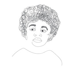 Black, African American boy, girl, kid. Black and white line drawing of black  person with nice haircut. Line art. Continuous line. Vector