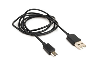 Smartphone USB Cable on white background, selective focus
