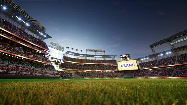 empty baseball and cricket arena with fans in the evening lights. High quality 4k footage